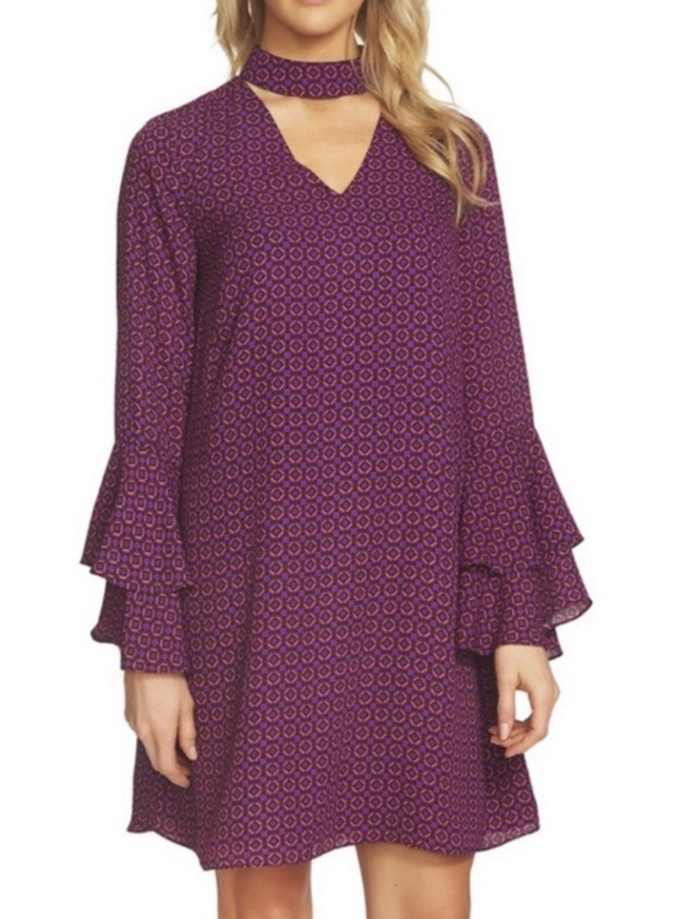 CeCe Purple Patterned Choker-Neck Tiered Bell Sleeve Dress